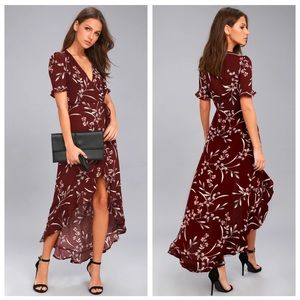 LULU’S Wild Winds Maroon Floral Print Wrap Dress